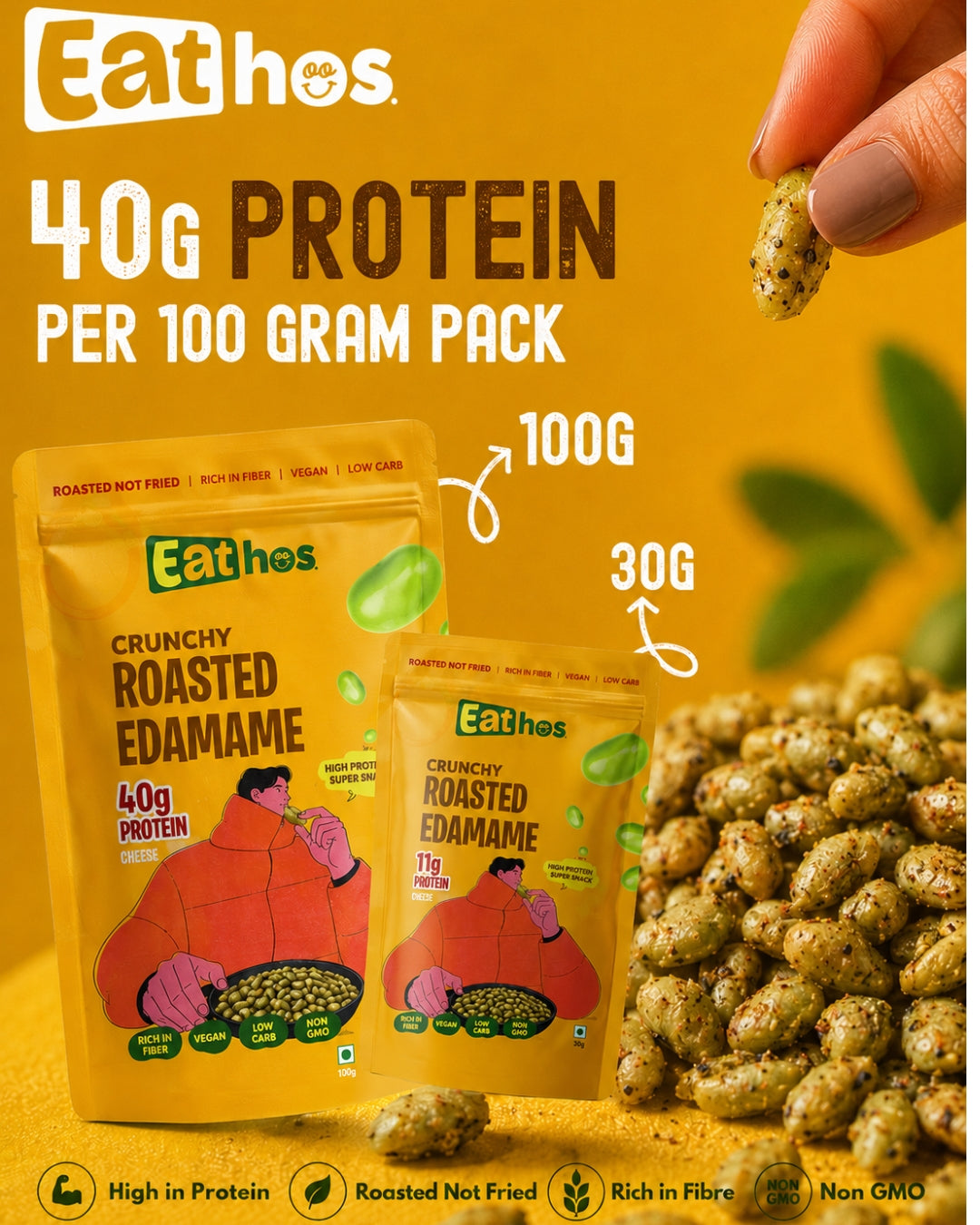 Peri-Peri Lemon & Cheese Combo - PACK OF 8 - Eathos Crunchy Roasted Edamame (4 Peri-Peri Lemon + 4 Cheese)- 30g each