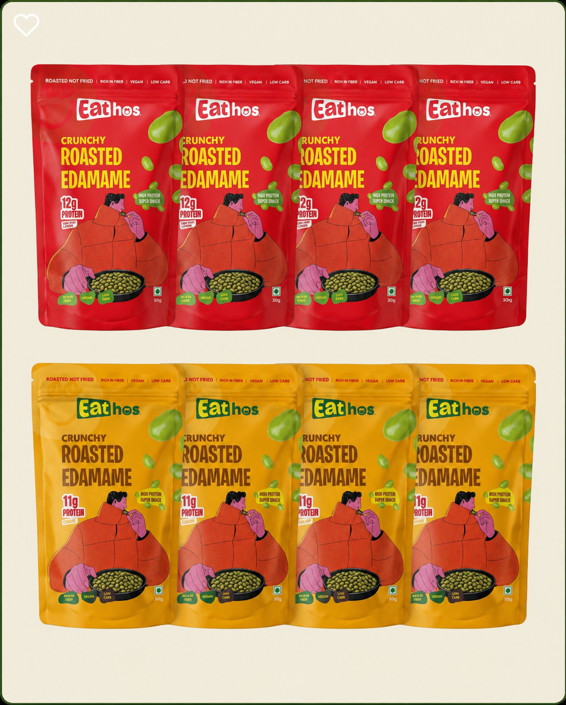 Peri-Peri Lemon & Cheese Combo - PACK OF 8 - Eathos Crunchy Roasted Edamame (4 Peri-Peri Lemon + 4 Cheese)- 30g each