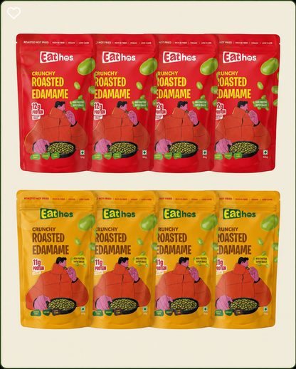 Peri-Peri Lemon & Cheese Combo - PACK OF 8 - Eathos Crunchy Roasted Edamame (4 Peri-Peri Lemon + 4 Cheese)- 30g each